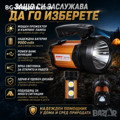 Мощен акумулаторен прожектор LED фенер къмпинг лампа за риболов туризъм палатка аварии работа лов, снимка 7 - Къмпинг осветление - 51017345