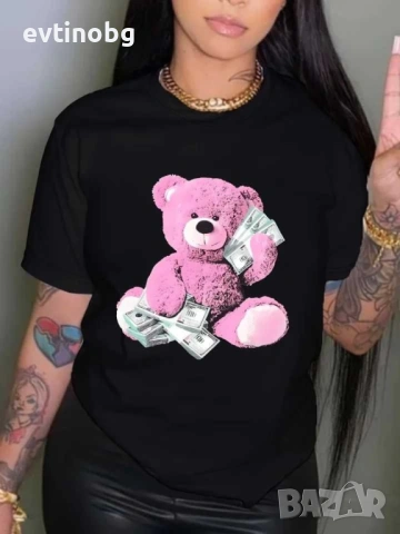 Дамска тениска за пролет и лято с къс ръкав, кръгло деколте и принт на мече, снимка 4 - Тениски - 54126124