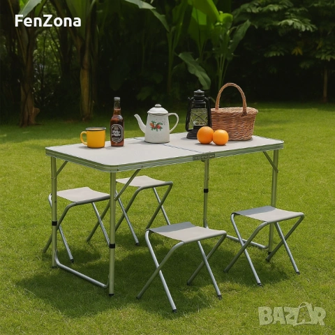 Комплект сгъваема алуминиева маса с 4 стола – идеален за къмпинг, двор и почивка, снимка 8 - Маси - 54096338