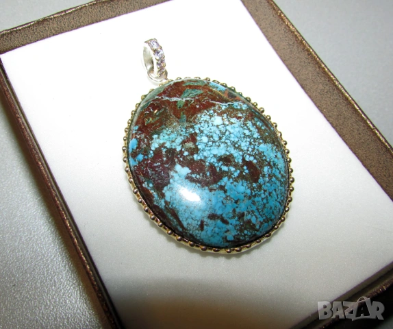 925 сребърно колие с голям тюркоаз 60 карата, снимка 3 - Колиета, медальони, синджири - 54053129