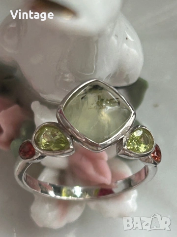 Марков сребърен пръстен с естествени камъни зелен рутилов кварц, перидот и гранат , снимка 4 - Пръстени - 53996195