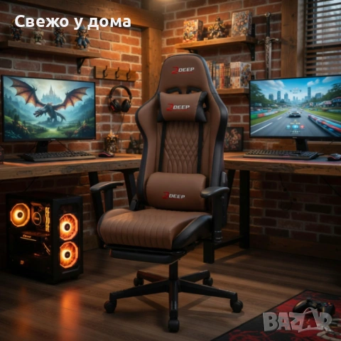 Ергономичен кафяв геймърски стол с поставка за крака, регулируема височина и 3D подлакътници, снимка 8 - Столове - 54564118