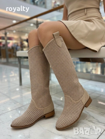 Равни летни ботуши - бежов велур, снимка 2 - Дамски ботуши - 54120718