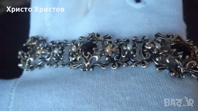 Сребърна аристократична винтидж гривна с гранати, позлата и перли Виена, снимка 2 - Гривни - 55667793