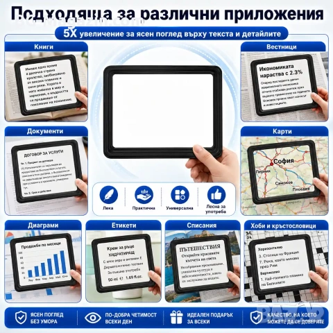 Голяма увеличителна правоъгълна лупа за четене на книги вестници 5X увеличение A4 деца професионална, снимка 6 - Други инструменти - 50920272