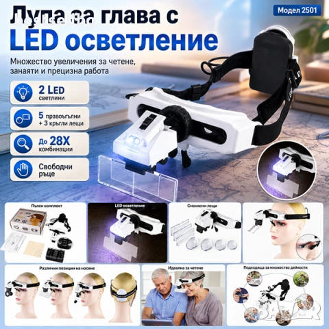 Увеличителна лупа за глава с LED осветление за четене шиене гоблени