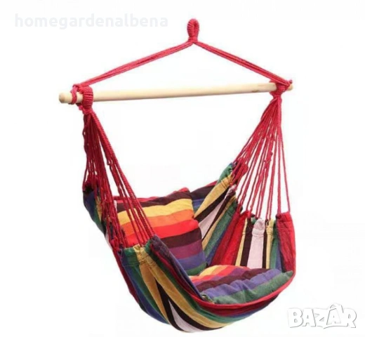 Хамак стол 2в1 с въжета и дървена пръчка – до 150 кг, градина, тераса, веранда – ПРОМОЦИЯ