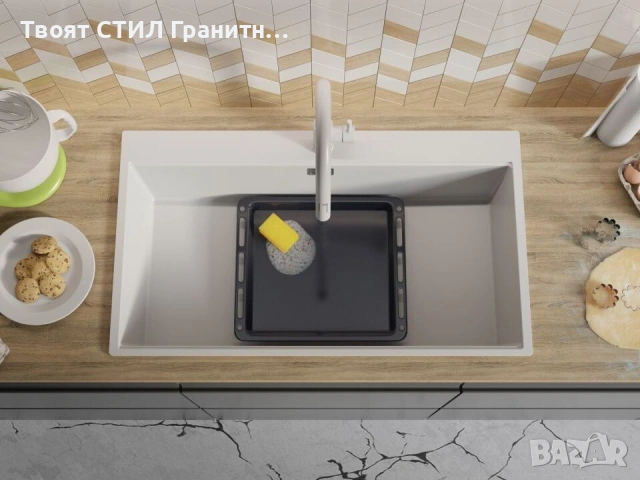 Бяла кухненска гранитна мивка Осло 90 XXL Top 880 x 500 мм, снимка 3 - Мивки - 54700684