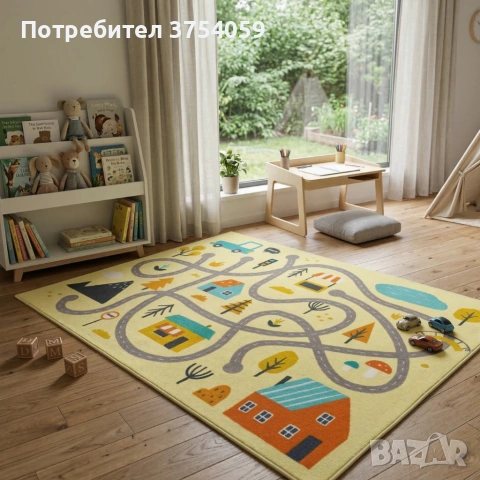 Детски килим за игра 120х160см - Светложълт килим с цветни къщички, противоплъзгащ и миещ се, снимка 5 - Килими - 55162514