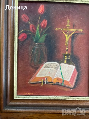 Маслена картина  Маслени бои и платно  Разтворена Библия, разпятие и съд  с червени лалета на червен, снимка 2 - Картини - 54073579