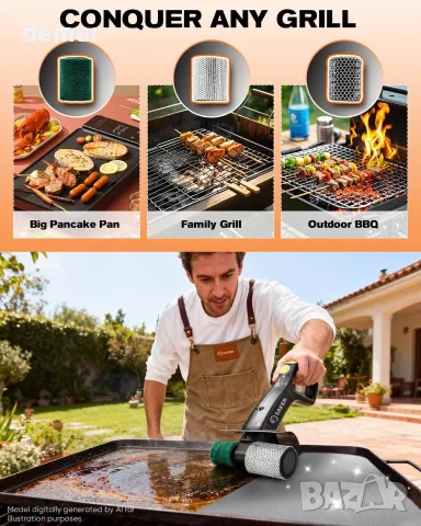 SAKER Electric Grill Brush HK05E-B – безжична почистваща четка за скара с LED фенер и 3 глави, снимка 9 - Барбекюта - 55321177