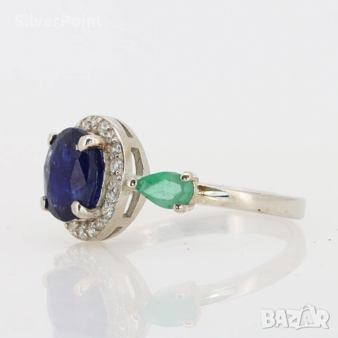 Сребърен пръстен с голям Сапфир Royal Blue и Изумруди със сертификат , снимка 3 - Пръстени - 54480742
