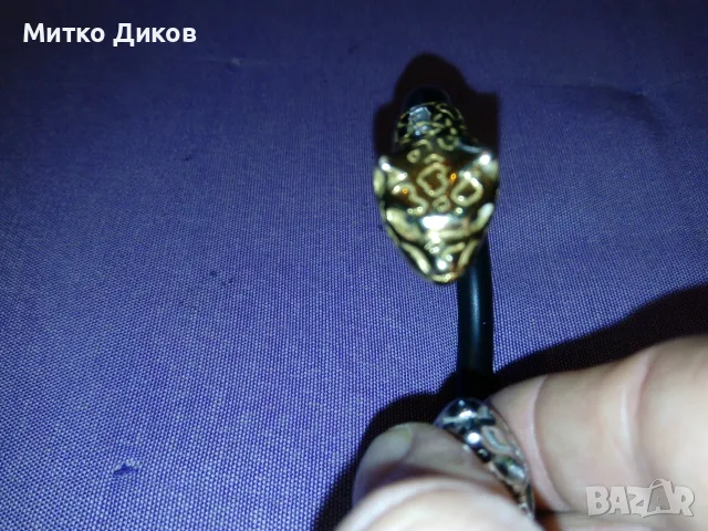 Гривна кожена стип Картие с глави на пантери от двете страни сребриста  златна отлична, снимка 2 - Гривни - 55568969
