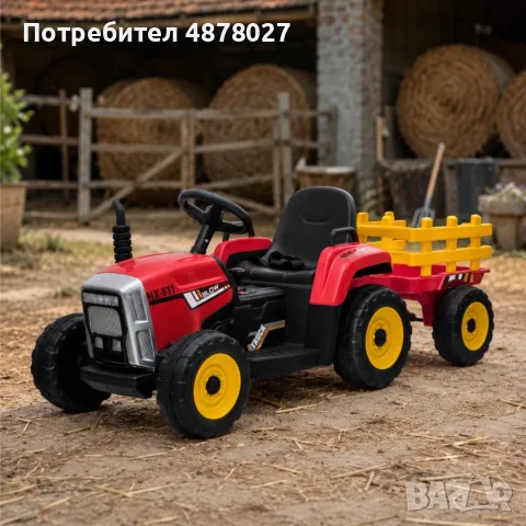 Детски акумулаторен трактор с ремарке 12V – 2x25W, MP3, Bluetooth, до 30 кг, червен