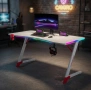 Геймърско бюро с RGB LED осветление, Бяло, 120 см – Карбоново покритие, Поставка за чаша и слушалки, снимка 4