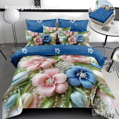 Флорален спален комплект с ластик 100% памук 200x230 / 180x200, снимка 5 - Спално бельо - 54094912