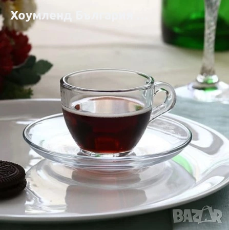 Стъклени чаши с чинийки - сервиз за кафе и чай 6+6, снимка 6 - Сервизи - 54412920