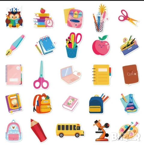 50 бр училище училищни учебни инструменти самозалепващи лепенки стикери украса декор картонена торта, снимка 4 - Други - 53963220