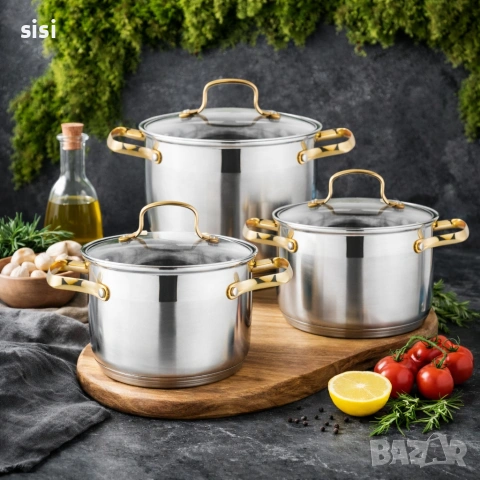 Комплект тенджери с елегантни златисти дръжки DJ24 + Подарък Ръчен чопър KN3, снимка 3 - Съдове за готвене - 54143077