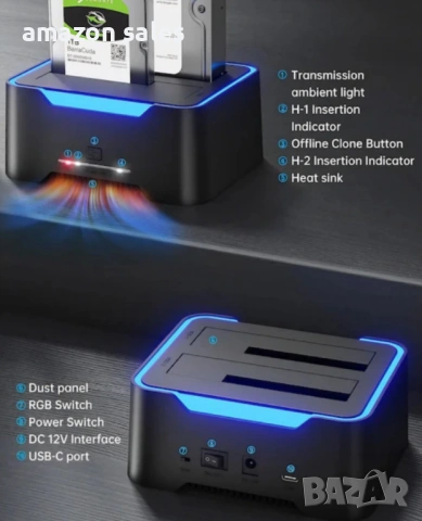 Докинг станция за RGB твърд диск, двойна докинг станция за 2,5/3,5 инча SATA HDD SSD,клониране..., снимка 9 - Твърди дискове - 54575553
