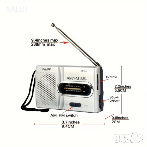 Мини Преносимо Радио INDIN BC-R21 AMFM на Батерии Джобен Транзистор, снимка 4 - Радиокасетофони, транзистори - 54221741