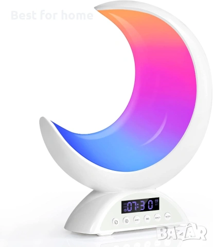 Настолна лампа Moon с часовник с будилник, RGB регулируема светлина с Bluetooth