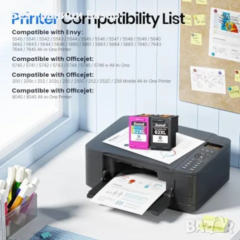 Нови Съвместими касети HP 62XL черна цветна за ENVY OfficeJet, 2 броя тонер мастило принтер печат, снимка 4 - Консумативи за принтери - 55476294