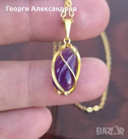 Старо Арт Нуво НЕЖНО ПОЗЛАТЕНО КОЛИЕ с НАТУРАЛЕН АМЕТИСТ, снимка 2 - Колиета, медальони, синджири - 55666607