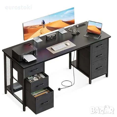 Бюро Coleshome с 6 чекмеджета, 160x52 см, вграден контакт и USB порт, бюро за компютър 