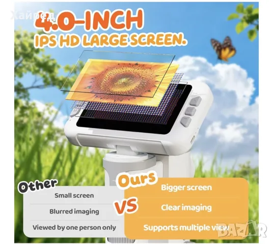 Уникален HEWEIMEI Детски цифров микроскоп 1600X с 4” LCD дисплей, 1080P, образователен комплект , снимка 3 - Образователни игри - 55342914