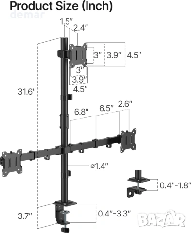 monTEK Стабилна стойка за 3 монитора 17”-32”, до 10 кг на рамо, VESA 75x75mm/100x100mm, снимка 9 - Друга електроника - 54449223