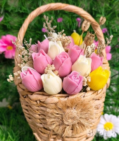 🌷 Ръчно изработени кошници със сапунени цветя и свещи по поръчка., снимка 2 - Декорация за дома - 54886585