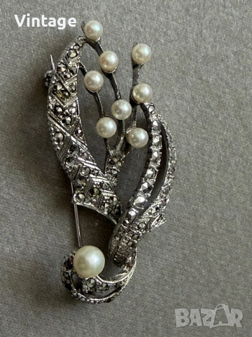 Царствена уникална масивна старинна сребърна брошка с перли и марказити , снимка 4 - Антикварни и старинни предмети - 54223331