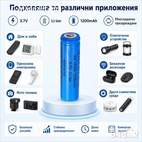 Акумулаторна литиевойонна батерия 14500 1200mAh 3.7V презареждаща се за фенри прожектори лазери, снимка 3 - Къмпинг осветление - 51102606