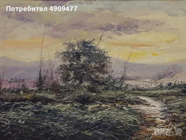Картина маслени бои „Пейзаж на зазоряване“ – подписана Giselle, в позлатена рамка, снимка 6 - Картини - 55638799