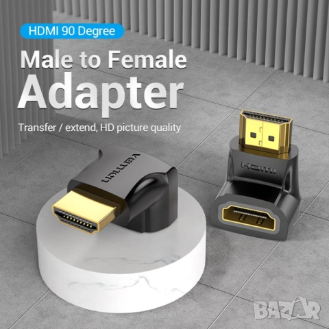 Vention HDMI адаптер 90° ъглов (M/F) – Right Angle HDMI, снимка 2 - Друга електроника - 54421721