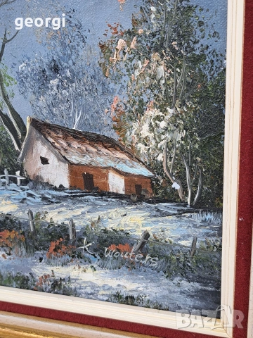 авторска картина зимен пейзаж маслени бои върху платно с красива дървена рамка , снимка 4 - Картини - 54087882