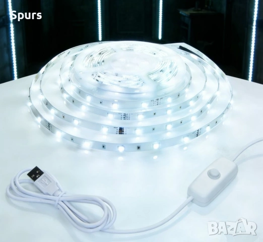 USB LED лента 5V с бутон – бяла светлина, декоративно осветление