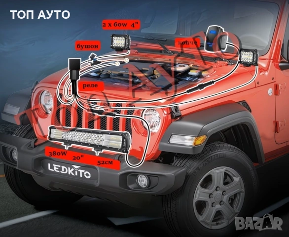 Комплект Лед Бар 20" 380W 52см +  2бр Халогени 4" 10см 60W + Окабеляване + Копче 12/24V за Кола АТВ , снимка 11 - Аксесоари и консумативи - 54341015