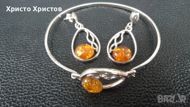 Сребърен 925 проба нов бутиков комплект с кехлибари
