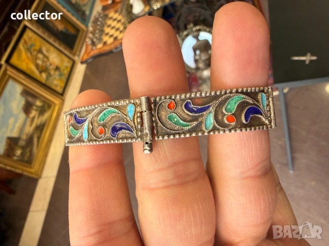 Стара сребърна гривна с многоцветен емайл. №8070, снимка 7 - Гривни - 54062209