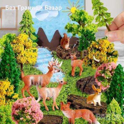 Нов Комплект мини дървета животни пънове за диорама и декор модел гора