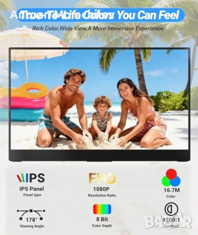 Портативен монитор Ingnok 15.6 Inch FHD 1080P USB-C, снимка 4 - Монитори - 55347609