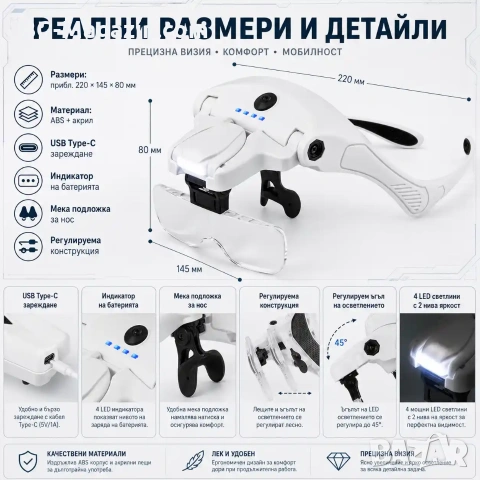 Акумулаторна лупа за глава с различни увеличения и LED осветление за четене шиене бродиране гоблени, снимка 4 - Други инструменти - 54027220