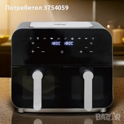 Двоен фритюрник с горещ въздух Cheffinger 9 л  с дигитален дисплей, стъклен прозорец и 360° циркулац