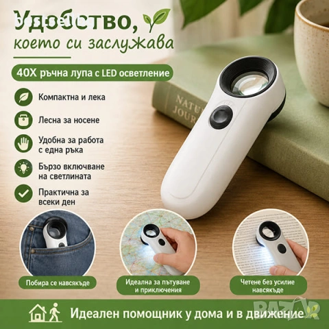 Ръчна увеличителна лупа голямо увеличение 40X LED осветление за бижута, снимка 6 - Други инструменти - 47591814
