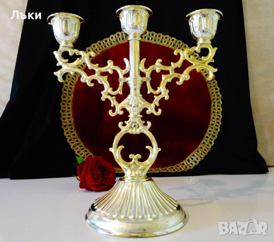 Позлатен калаен свещник тройка,троен свещник,печат. , снимка 5 - Антикварни и старинни предмети - 54973840
