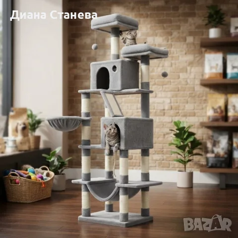 Драскалка за котки Light Gray 206 см – XXL катерушка с 2 къщички, хамак и площадки