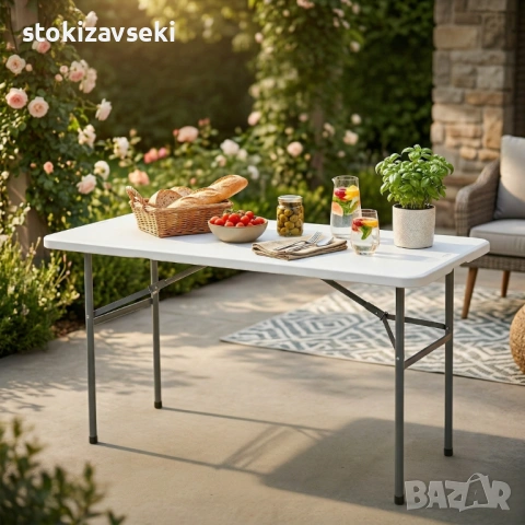 Сгъваема правоъгълна градинска маса, бяла - 181.5 × 74 × 74 см, снимка 3 - Градински мебели, декорация  - 54128844