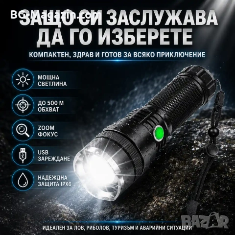Мощен акумулаторен ръчен лед фенер водоустойчив USB зареждане LED CREE за лов риболов туризъм, снимка 5 - Къмпинг осветление - 51017172